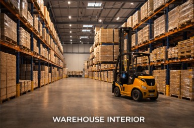 Warehouse with organized pallets